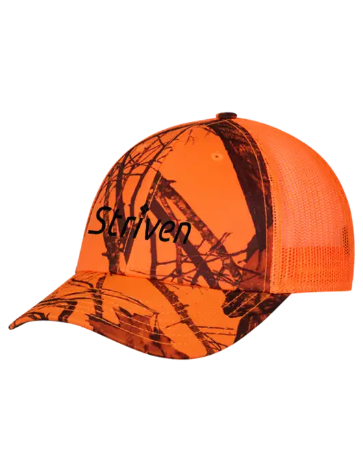 Blaze/Neon Orange Mossy Oak Camo Mesh Trucker Cap Snap Back w/Striven Logo 