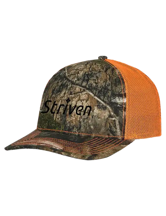 Mossy Oak Country DNA Camo/Orange Mesh Trucker Cap Snap Back w/Striven Logo 