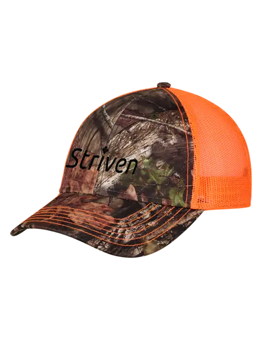 Country Orange Mossy Oak Camo Mesh Trucker Cap Snap Back w/Striven Logo 