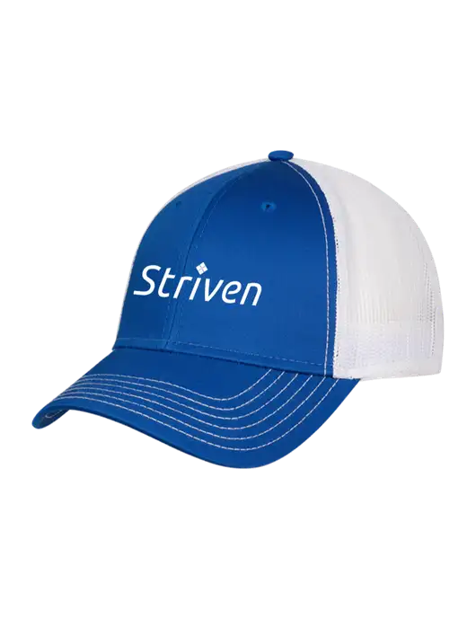 Royal & White Mesh Trucker Cap Snap Back w/Striven Logo 