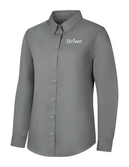 Womens Medium Grey Long Sleeve Carefree Poplin Shirt w/Striven Logo 