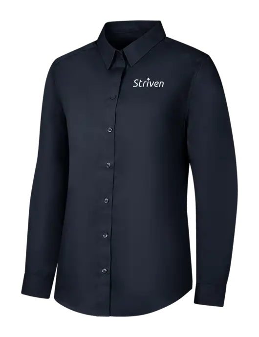 Womens River Blue Navy Long Sleeve Carefree Poplin Shirt w/Striven Logo 