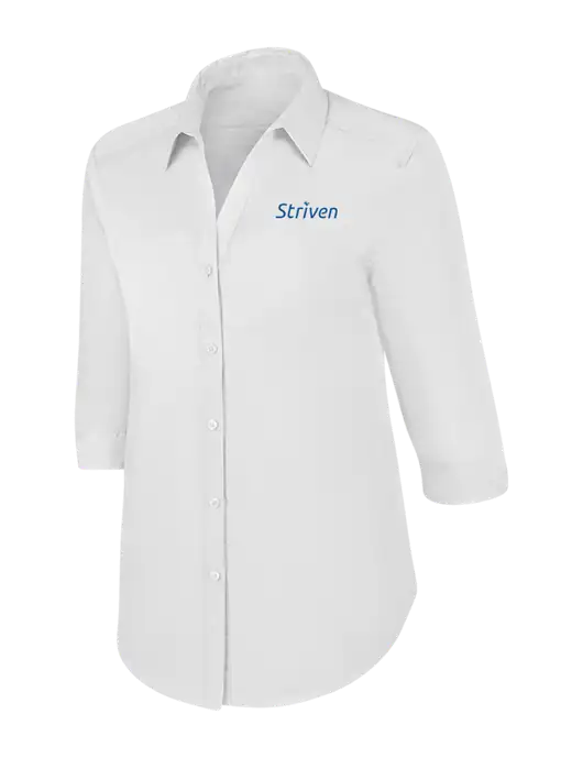 Womens White 3/4 Sleeve Carefree Poplin Shirt w/Striven Logo 