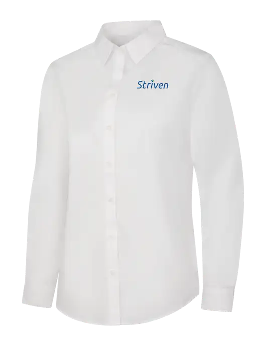 Womens White Long Sleeve Carefree Poplin Shirt w/Striven Logo 