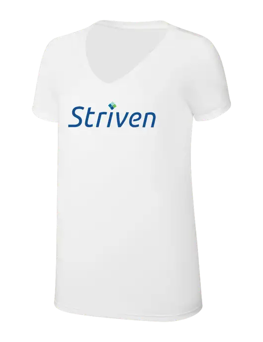 Womens Simply Soft V-Neck White 4.5oz  Poly/Combed Ring Spun Cotton T-Shirt w/Striven Logo 