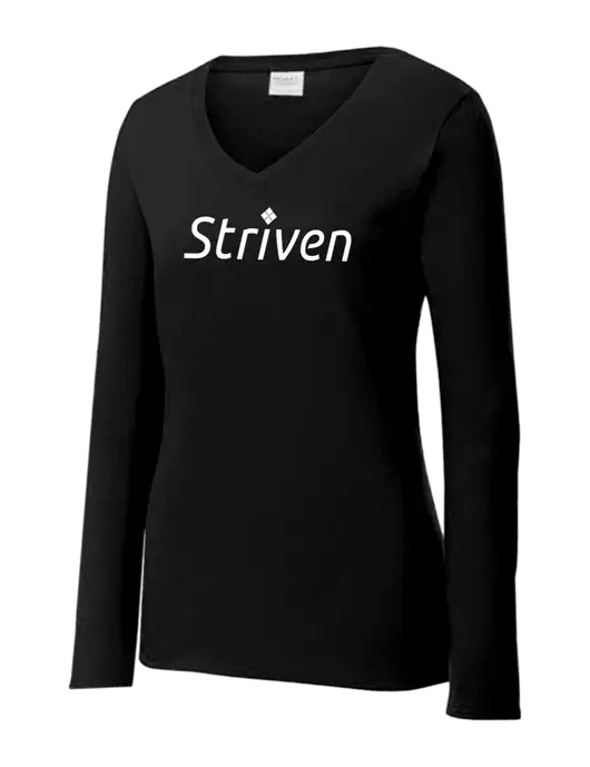 Womens V-Neck Ring Spun Jet Black 4.5 oz Long Sleeve T-Shirt w/Striven Logo 