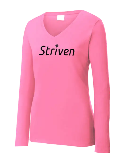 Womens  V-Neck Ring Spun Pink 4.5 oz Long Sleeve T-Shirt w/Striven Logo 