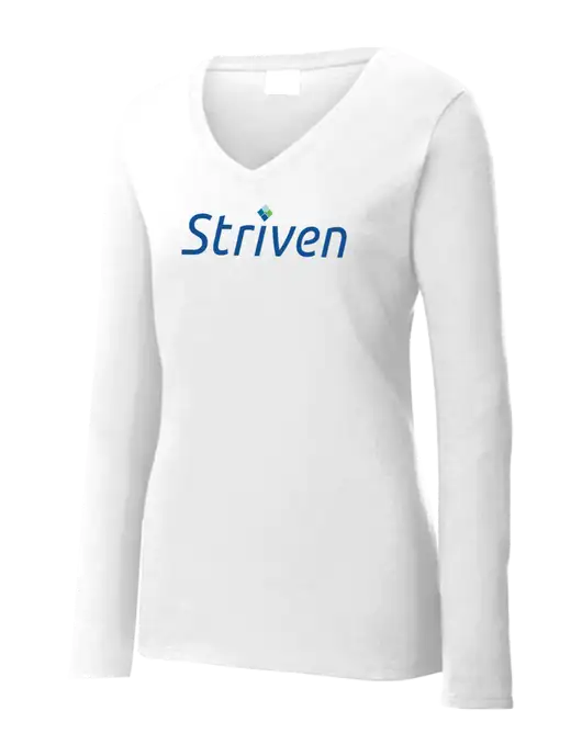 Womens  V-Neck Ring Spun White 4.5 oz Long Sleeve T-Shirt w/Striven Logo 