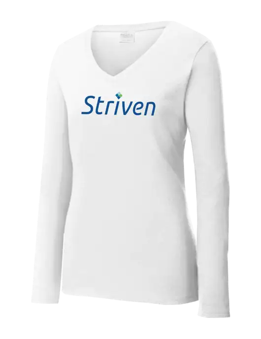 Womens  V-Neck Ring Spun White 4.5 oz Long Sleeve T-Shirt w/Striven Logo 