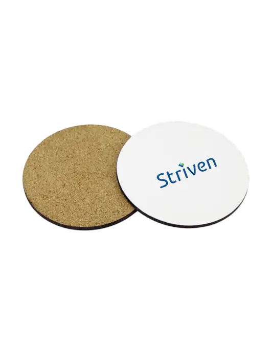Gloss White Hardboard Round Coaster w/Cork Back, 3.75 w/Striven Logo 
