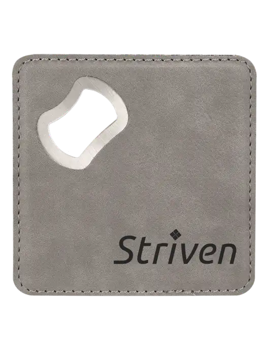Grey Leatherette Coaster with Bottle Opener w/Striven Logo 