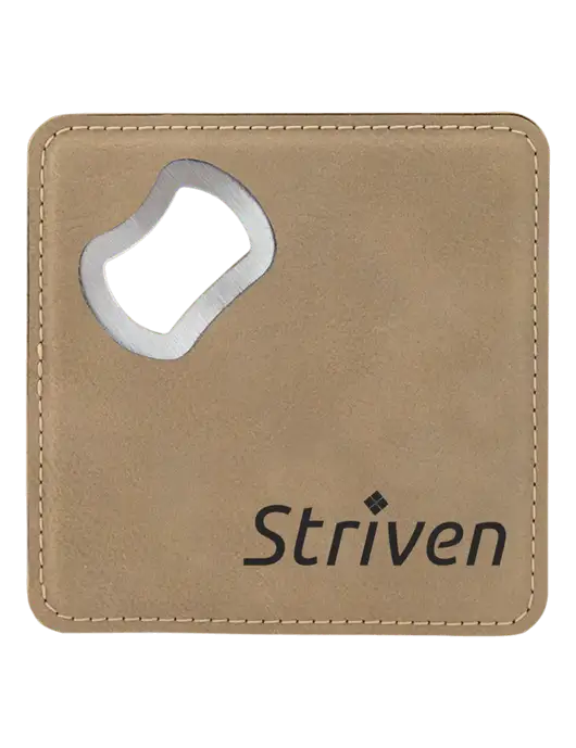 Tan Leatherette Bottle Opener Coaster w/Striven Logo 