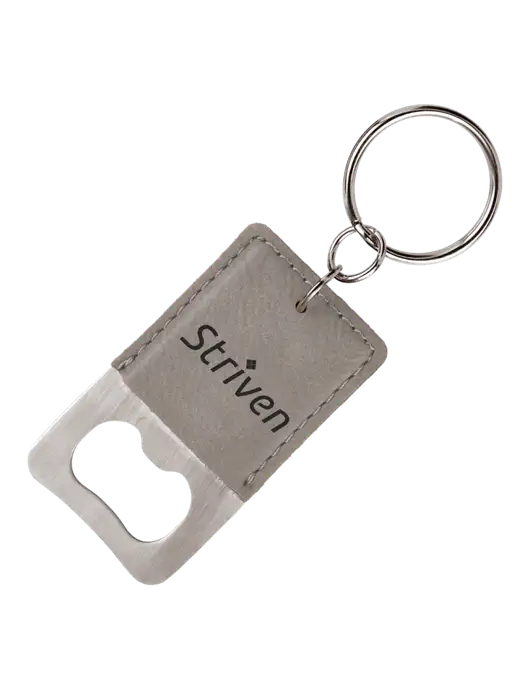 Grey Leatherette Rectangle Bottle Opener Keychain w/Striven Logo 