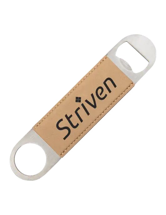 Tan Leatherette Bottle Opener w/Striven Logo 