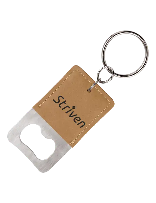 Tan Leatherette Rectangle Bottle Opener Keychain w/Striven Logo 