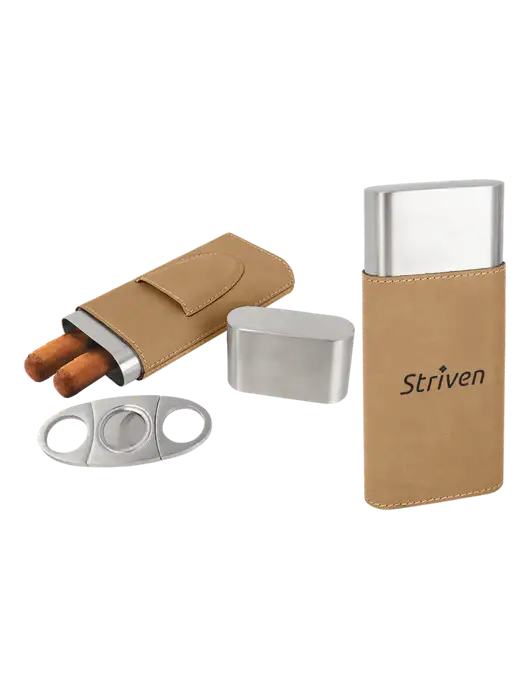 Tan Leatherette Cigar Case with Cutter w/Striven Logo 
