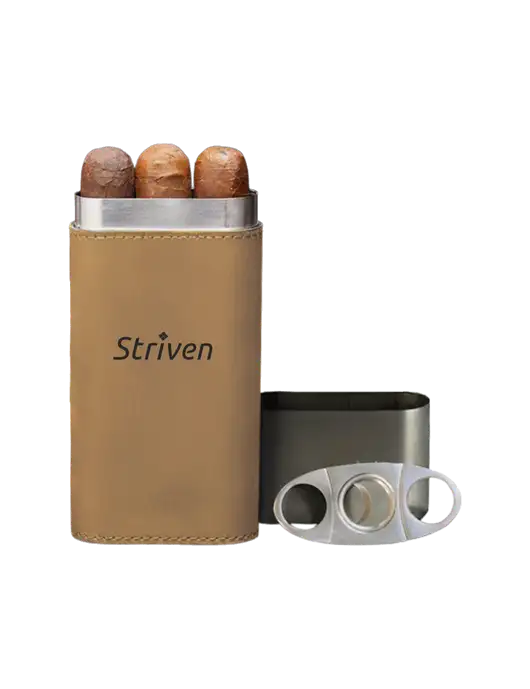 Tan Leatherette Cigar Case with Cutter w/Striven Logo 