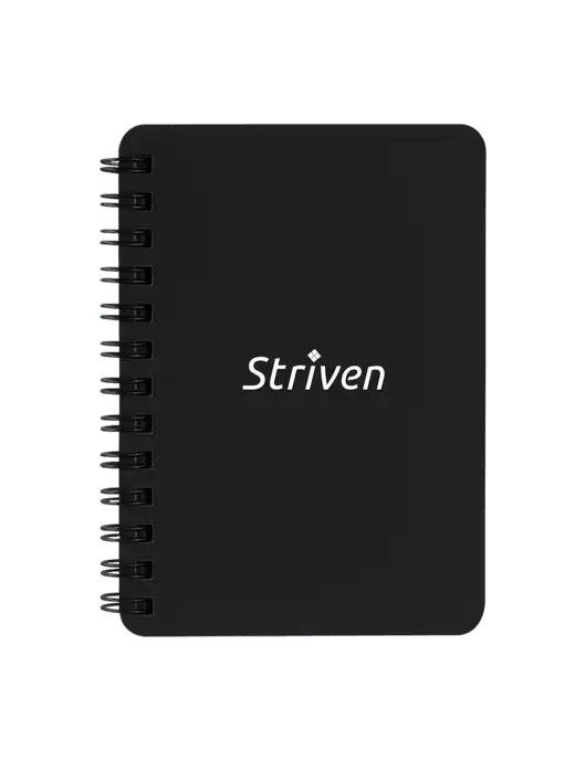 Sturdy Black Hardcover Notebook, 5.25 x 7 w/Striven Logo 