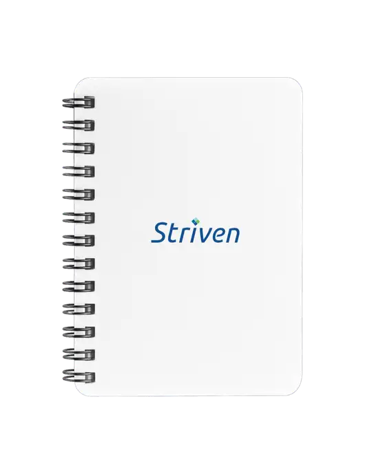 Sturdy White Hardcover Notebook, 5.25 x 7 w/Striven Logo 