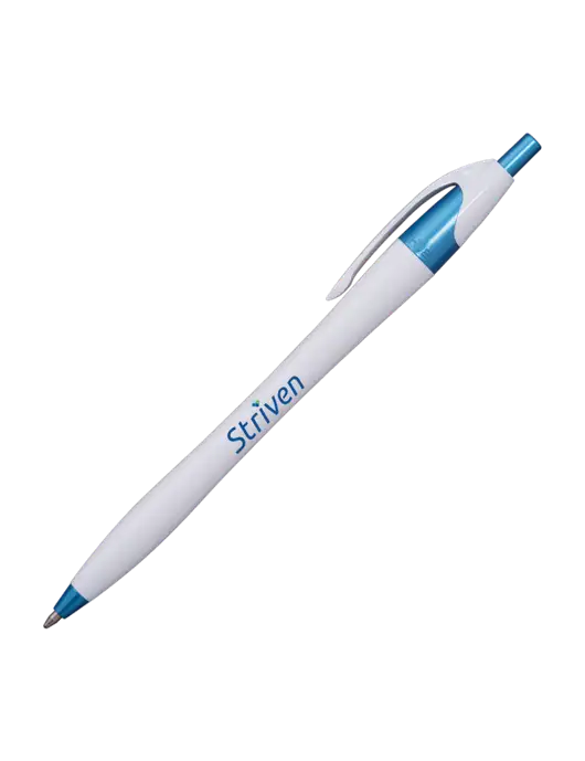 Novella White/Blue Shimmer Pen - Blue Ink w/Striven Logo 