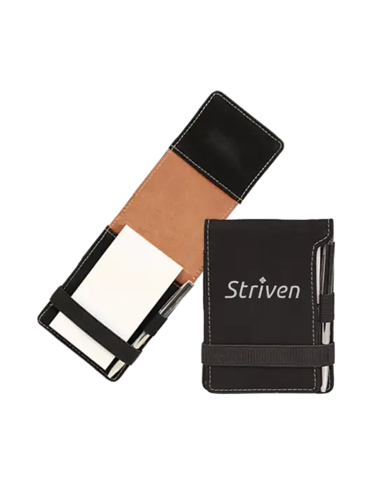 Black Leatherette Mini Notepad with Pen,  3.25 x 4.75 w/Striven Logo 