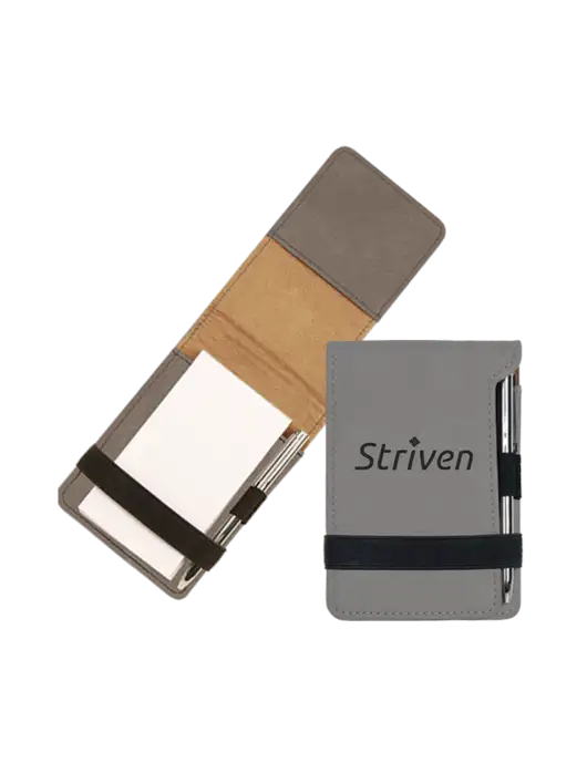 Grey Leatherette Mini Notepad with Pen,  3.25 x 4.75 w/Striven Logo 