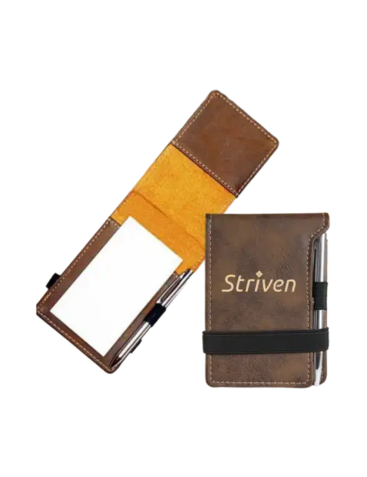 Rustic Leatherette Mini Notepad w/Pen, 3.25 x 4.75 w/Striven Logo 