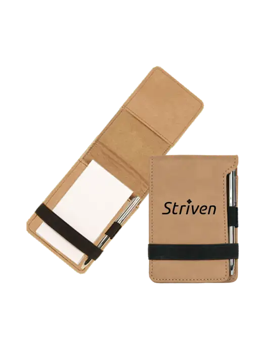 Tan Leatherette Mini Notepad with Pen,  3.25 x 4.75 w/Striven Logo 